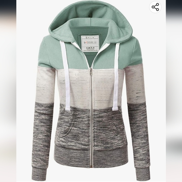 Women's Doublju Mint Green & Grey Zip Up Hoodie - Picture 1 of 5